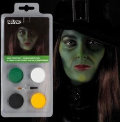 Boland 45044 - Schminkset Hexe, 4 Schminkfarben In Grün, Weiß, Schwarz U. Gelb, Applikator, Pinsel, Körperfarbe, Leicht Zum Auftragen Und Entfernen, Mottoparty, Karneval