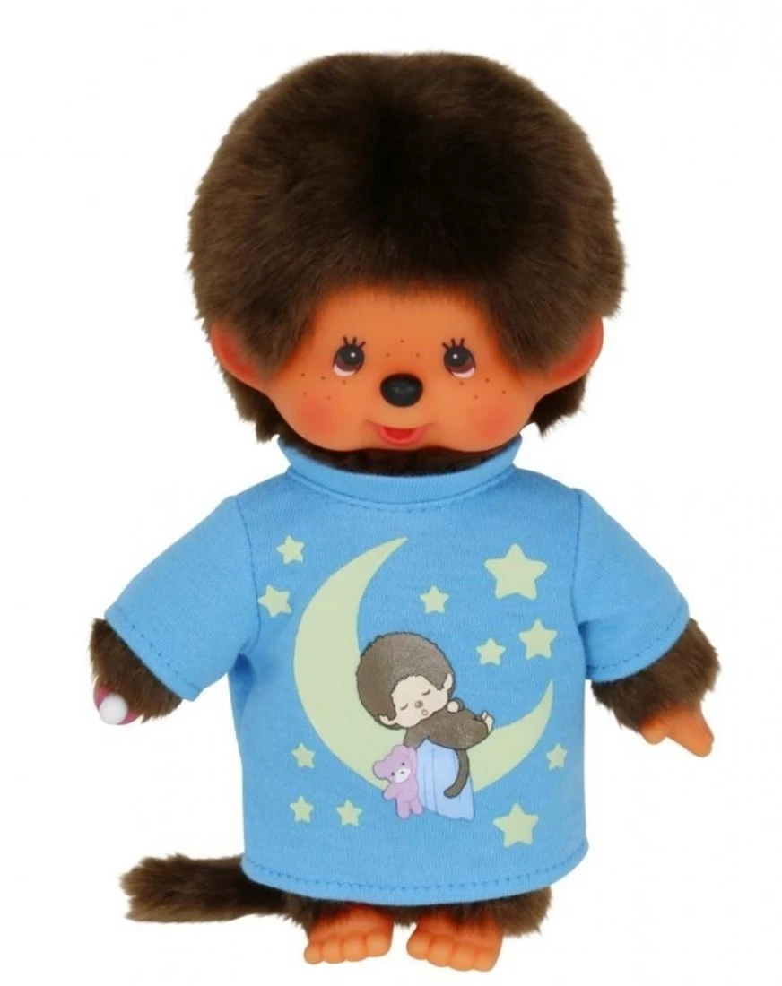 Sekiguchi 223725 Original Monchhichi Junge, Aus Braunem Plüsch, Mit Blauem Schlafshirt Und Glow In The Dark Elementen, Ca. 20 Cm